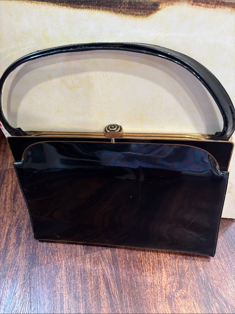 Lewis classic vintage Black Patent Satchel with Gold-Tone Frame